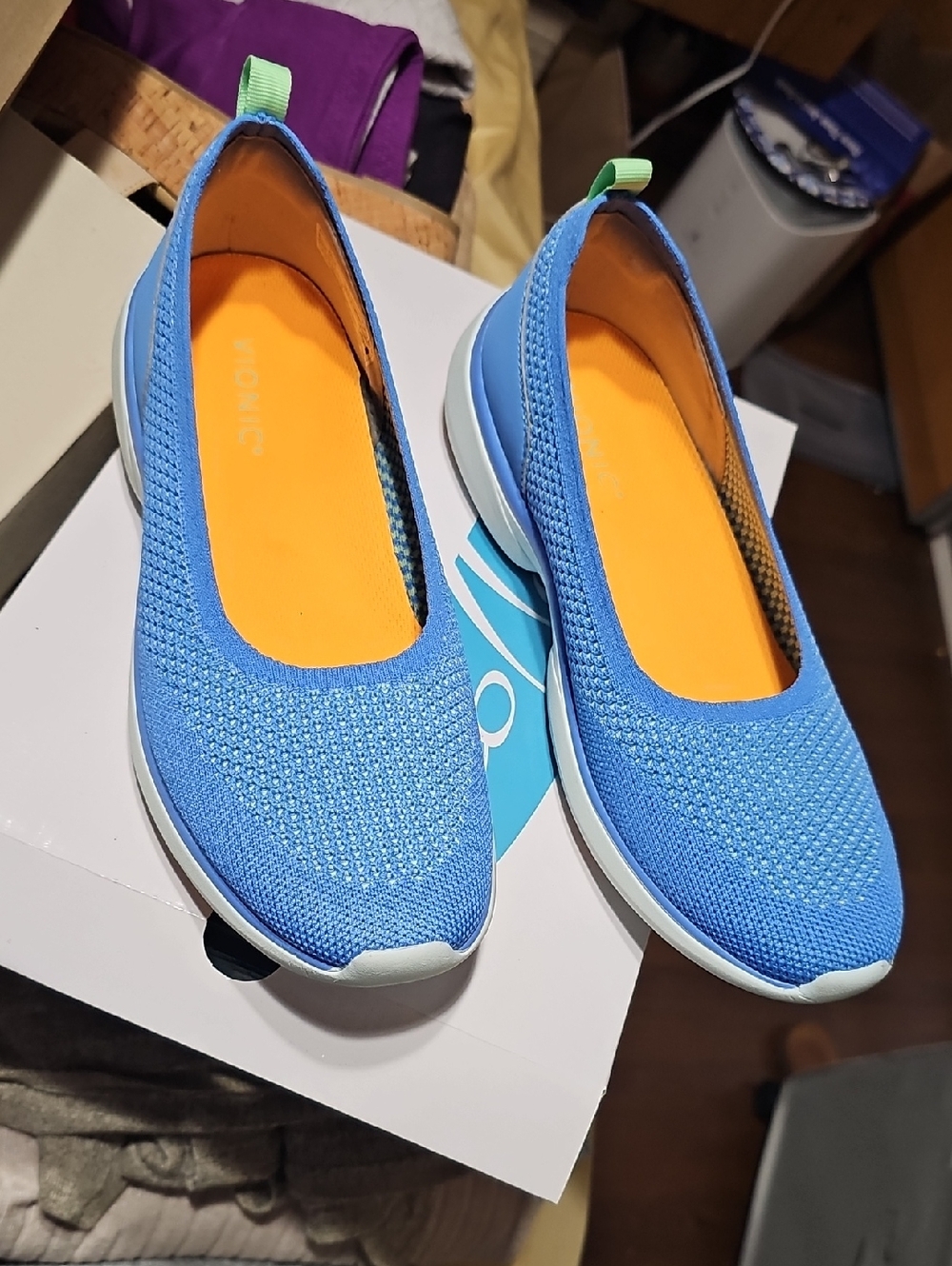 Vionic Women's Blue Knit Slip-On Flats with Orange Insole